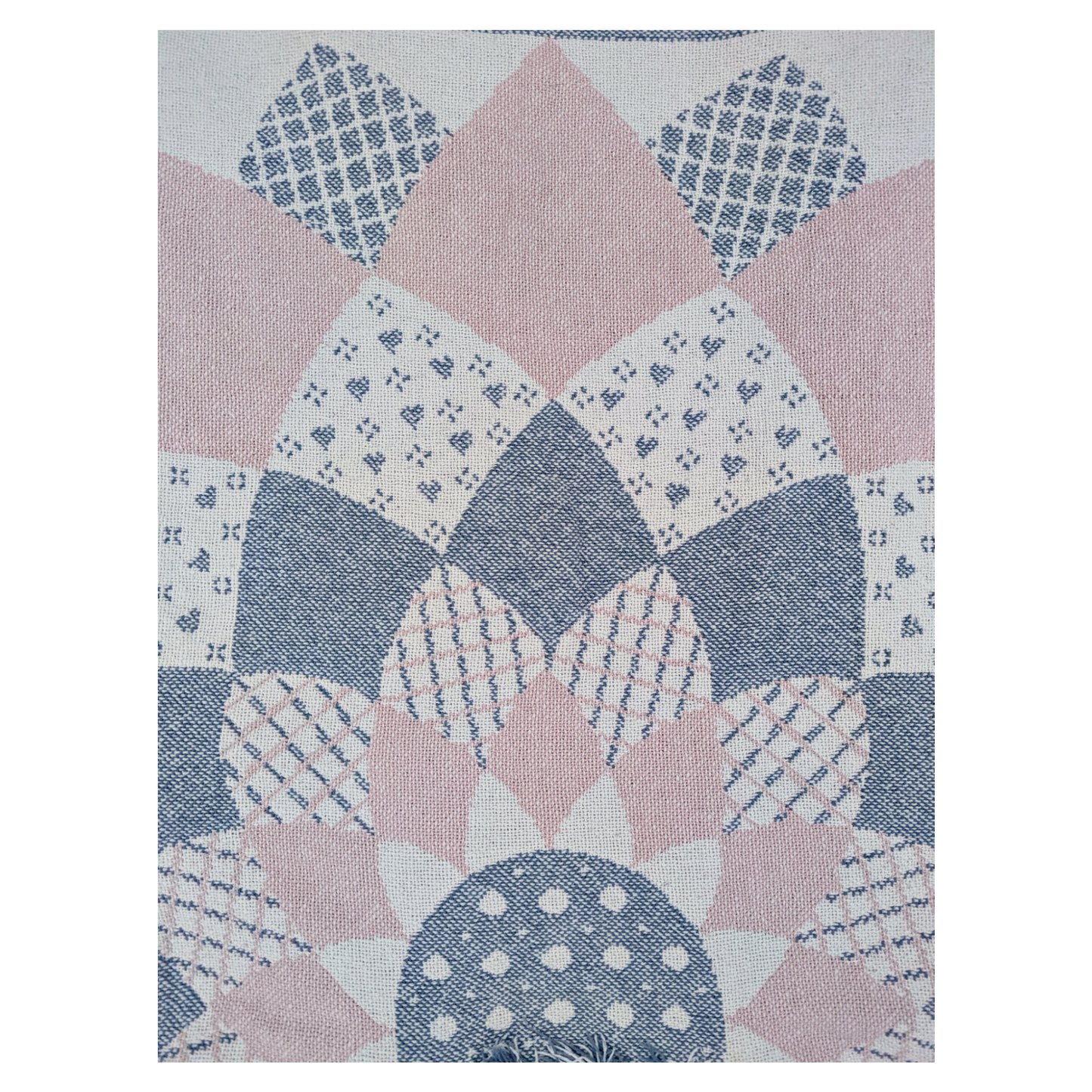 Close up of patchwork quilt pattern on coat.