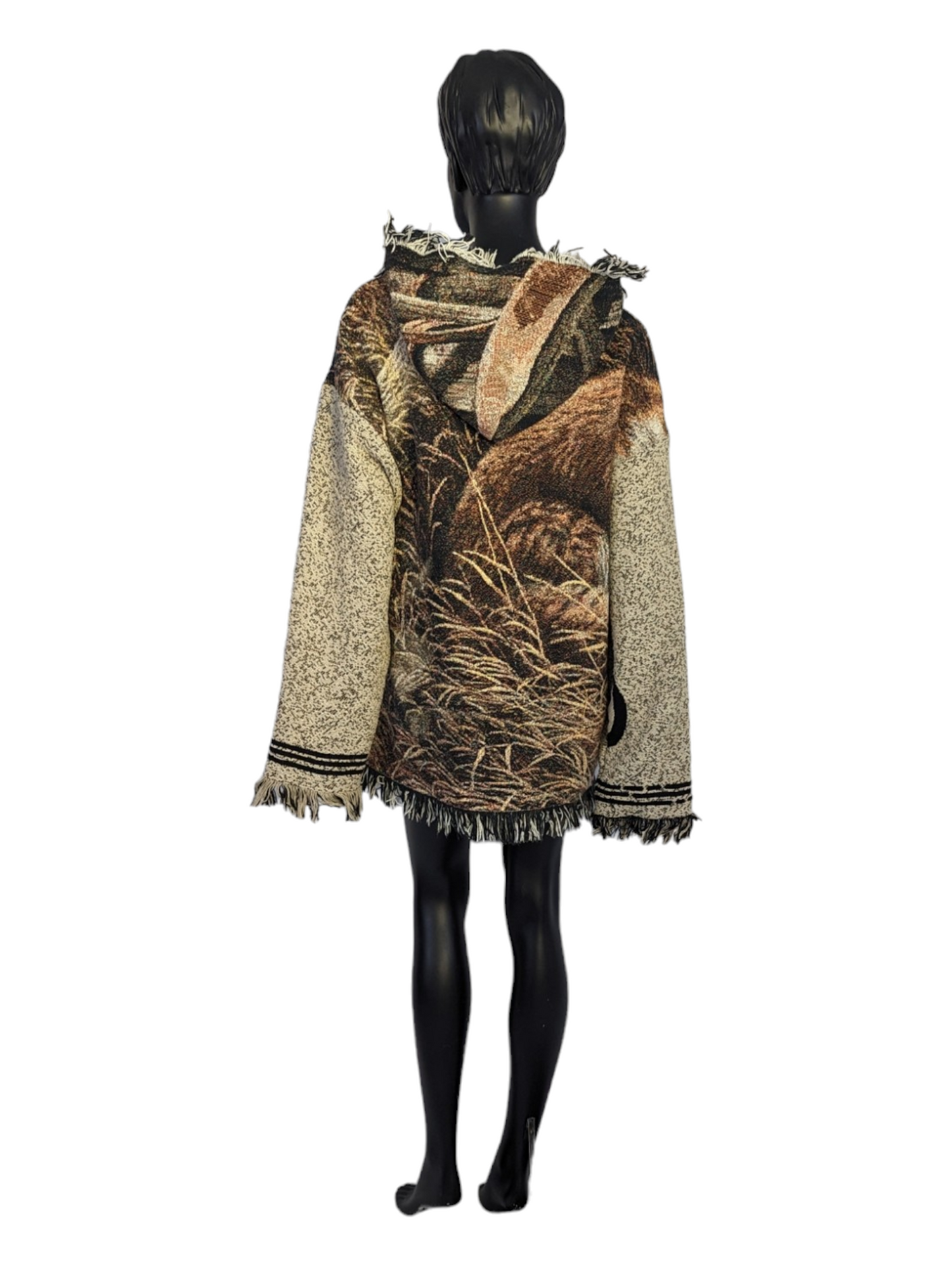 Rear view of mannequin wearing upcycled cotton fringe hoodie.