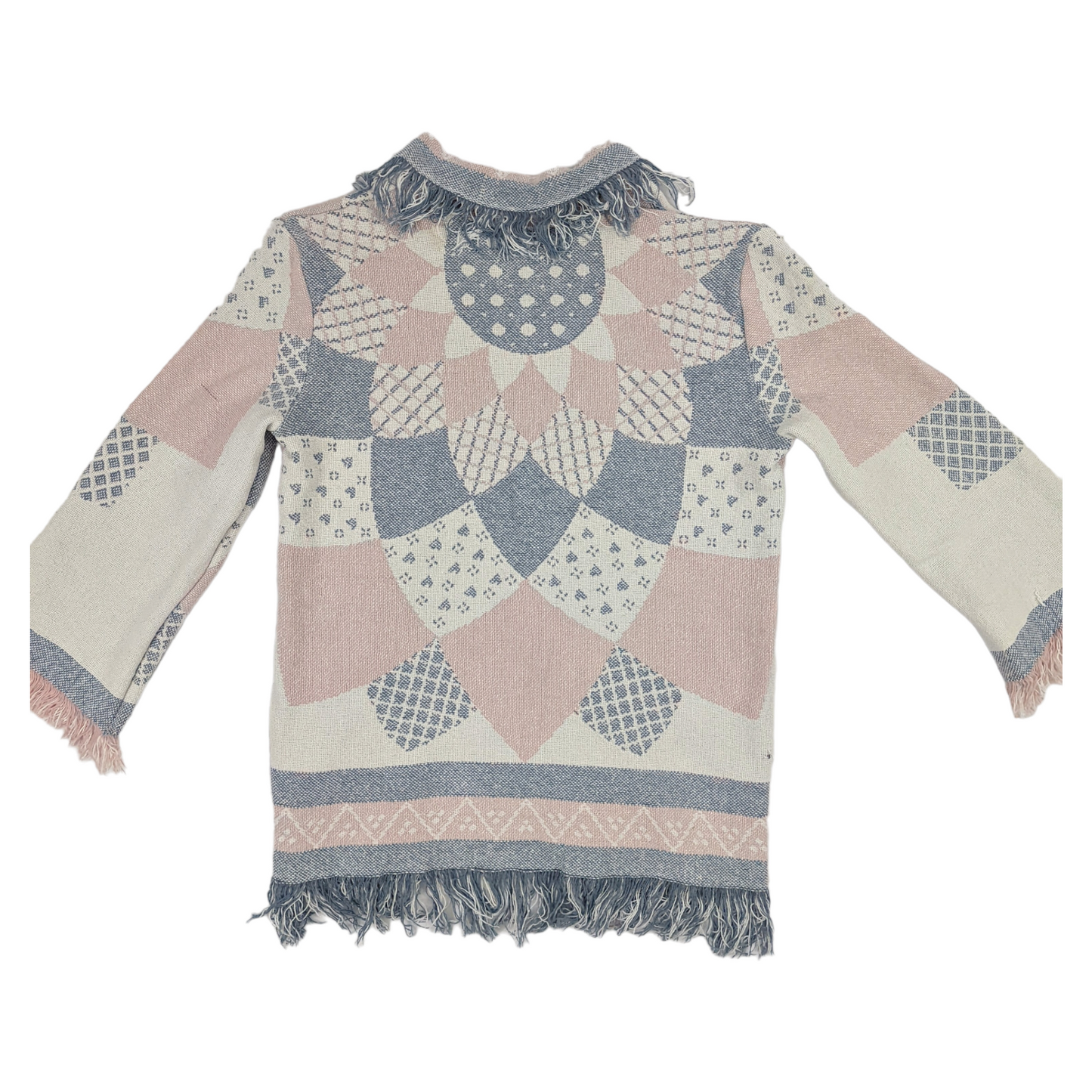 Flat lay of back of pastel flower mandala tapestry blanket coat.
