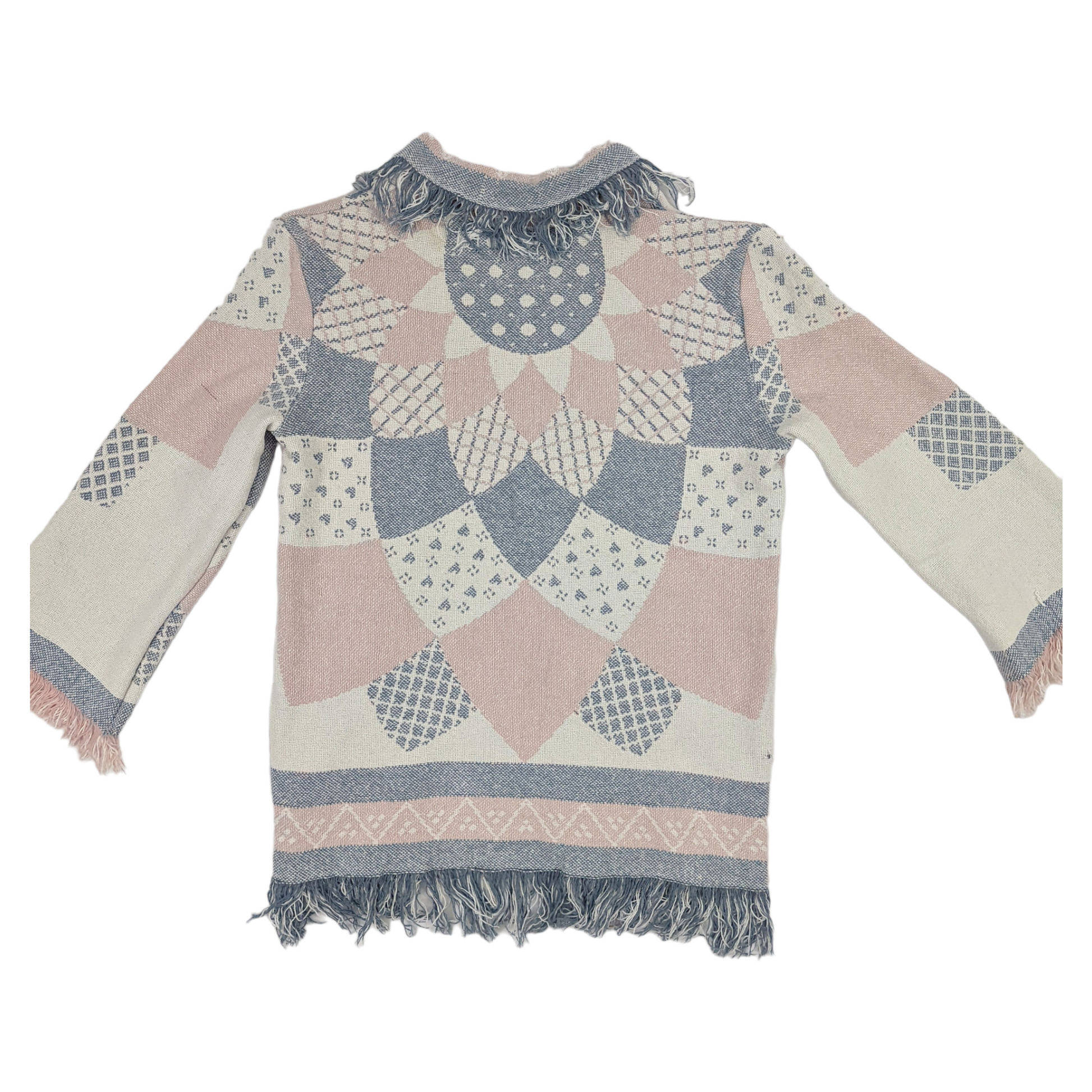 Flat lay of back of pastel flower mandala tapestry blanket coat.